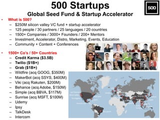 • What is 500?
– $250M silicon valley VC fund + startup accelerator
– 125 people / 30 partners / 25 languages / 20 countri...