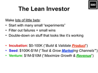 The Lean Investor
Make lots of little bets:
• Start with many small “experiments”
• Filter out failures + small wins
• Dou...