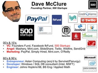 Dave McClure 
Founding Partner, 500 Startups
00’s & 10’s:
• VC: Founders Fund, Facebook fbFund, 500 Startups
• Angel: Mashery, Mint.com, SlideShare, Twilio, Wildfire, SendGrid
• Marketing: PayPal, Simply Hired, Mint.com, O’Reilly
80’s & 90’s:
• Entrepreneur: Aslan Computing (acq’d by Servinet/Panurgy)
• Developer: Windows / SQL DB consultant (Intel, MSFT)
• Engineer: Johns Hopkins‘88, BS Eng / Applied Math
 