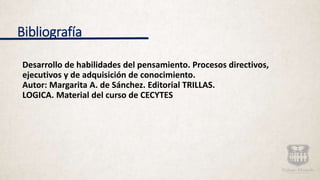 Bibliografía
Desarrollo de habilidades del pensamiento. Procesos directivos,
ejecutivos y de adquisición de conocimiento.
Autor: Margarita A. de Sánchez. Editorial TRILLAS.
LOGICA. Material del curso de CECYTES
 