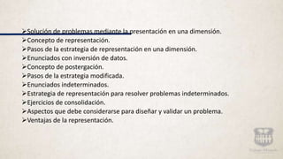 Solución de problemas mediante la presentación en una dimensión.
Concepto de representación.
Pasos de la estrategia de representación en una dimensión.
Enunciados con inversión de datos.
Concepto de postergación.
Pasos de la estrategia modificada.
Enunciados indeterminados.
Estrategia de representación para resolver problemas indeterminados.
Ejercicios de consolidación.
Aspectos que debe considerarse para diseñar y validar un problema.
Ventajas de la representación.
 