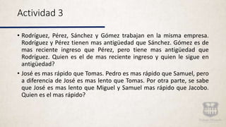 Actividad 3
• Rodríguez, Pérez, Sánchez y Gómez trabajan en la misma empresa.
Rodríguez y Pérez tienen mas antigüedad que Sánchez. Gómez es de
mas reciente ingreso que Pérez, pero tiene mas antigüedad que
Rodríguez. Quien es el de mas reciente ingreso y quien le sigue en
antigüedad?
• José es mas rápido que Tomas. Pedro es mas rápido que Samuel, pero
a diferencia de José es mas lento que Tomas. Por otra parte, se sabe
que José es mas lento que Miguel y Samuel mas rápido que Jacobo.
Quien es el mas rápido?
 