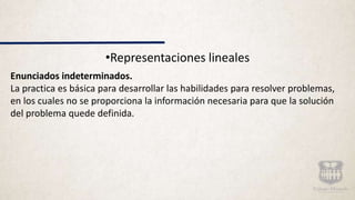 •Representaciones lineales
Enunciados indeterminados.
La practica es básica para desarrollar las habilidades para resolver problemas,
en los cuales no se proporciona la información necesaria para que la solución
del problema quede definida.
 