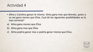 Actividad 4
• Alma y Carolina ganan lo mismo. Alma gana mas que Brenda, quien a
su vez gana menos que Elisa. Cual de las siguientes posibilidades es la
mas correcta?
a) Alma gana menos que Elisa
b) Alma gana mas que Elisa
c) Alma podría ganar mas o podría ganar menos que Elisa.
 