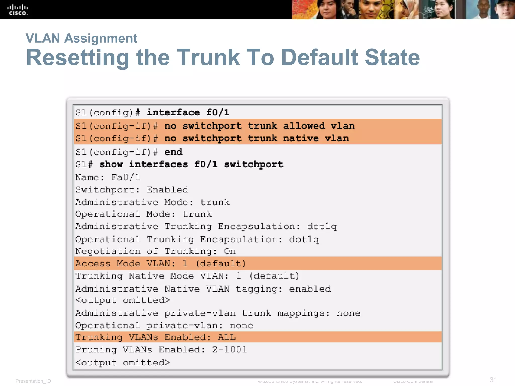 Presentation_ID 31© 2008 Cisco Systems, Inc. All rights reserved. Cisco Confidential
VLAN Assignment
Resetting the Trunk To Default State
 