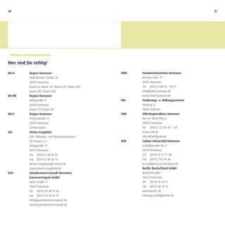 30                                                                                            31




* Adressen und Raumverzeichnis

Hier sind Sie richtig!

RH-H          Region Hannover                          HWK   Handwerkskammer Hannover
              Hildesheimer Straße 20                         Berliner Allee 17
              30169 Hannover                                 30175 Hannover
              Raum 61, Raum 112, Raum 225, Raum 601,         Tel. (0511) 3 48 59 - 41/37
              Raum 602, Raum 603                             info@hwk-hannover.de
RH-HÖ         Region Hannover                                www.hwk-hannover.de
              Höltystraße 17                           FBZ   Förderungs- u. Bildungszentrum
              30169 Hannover                                 Seeweg 4
              Raum 129, Raum 28                              30827 Garbsen
RH-P          Region Hannover                          VNB   VNB-Regionalbüro Hannover
              Prinzenstraße 12                               Ilse-ter-Meer-Weg 6
              30159 Hannover                                 30449 Hannover
              Seminarraum                                    Tel. (0511) 1 23 56 49 - 2/4
dm            donna megabyte                                 www.vnb.de
              EDV- Bildungs- und Beratungszentrum            ulla.althoff@vnb.de
              für Frauen e. V.                         ZEW   Leibniz Universität Hannover
              Königstraße 31                                 Schloßwender Str. 5
              30175 Hannover                                 30159 Hannover
              Tel. (0511) 3 48 06 06                         Tel. (0511) 76 21 91 08
              Fax (0511) 3 48 06 16                          Fax (0511) 7 62 56 86
              donna.megabyte@t-online.de                     b.orzol@zew.uni-hannover.de
              www.donna-megabyte.de                          Berlitz Deutschland GmbH
GCH           Gründerinnen-Consult Hannover,                 Joachimstraße 1
              hannoverimpuls GmbH                            30625 Hannover
              Hohe Straße 11                                 Tel. (0511) 36 30 11
              30449 Hannover                                 Fax (0511) 36 30 14
              Tel. (0511) 92 40 01 20                        www.berlitz.de
              Fax (0511) 92 40 01 21                         henning.strahl@berlitz.de
              info@gruenderinnenconsult.de
              www.gruenderinnenconsult.de
 