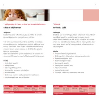 8                                                                                                                                                          9




* Telefontraining für Frauen im Beruf und Berufsrückkehrerinnen          * Rhetorik

Effektiv telefonieren                                                    Reden ist Gold

Zielgruppe                                                               Zielgruppe
Das Seminar richtet sich an Frauen, die das Telefon als zentrales        Eine Rede oder einen Vortrag zu halten, gehört heute mehr und mehr
Kommunikationsmittel erfolgreich nutzen möchten.                         zum Alltag – sowohl im beruflichen wie im privaten Bereich.
                                                                         Dieses Seminar richtet sich an alle, die sich häufiger in der Situation
Trotz vieler neuer Medien ist und bleibt das Telefon ein zentrales       sehen, eine Rede oder einen Vortrag halten zu müssen/wollen, aber
Kommunikationsmittel. Häufig entsteht durch das Telefon der erste        nicht genau wissen, was bei einer guten Rede zu beachten ist, um
Kontakt zum Kunden. Damit Sie Ihre Kommunikationsziele besser            sie zu vergolden.
erreichen können, kommt es darauf an, die fehlenden optischen
Eindrücke auszugleichen.                                                 Inhalte
Neben der verbindlichen Sprache wird auch auf die Situation mit          J mit Lampenfieber umgehen lernen
schwierigen Telefonpartnern und auf Mahngespräche eingegangen.           J die Gelegenheits-, Informations- und Argumentationsrede
                                                                         J die Vorbereitung einer Rede
Inhalte                                                                  J die Gliederung einer Rede
J Verbindliche Sprache                                                   J überzeugende Sprache
J Handy-Etikette                                                         J Körpersprache bei einer Rede
J Schwierige Telefonpartner                                              J Präsentationsmittel
J Beschwerden annehmen und abgeben                                       J Rhetorische Hilfsmittel
J Mahngespräche                                                          J Störungen, Fragen und Einwände bei einer Rede
J Bedürfnisse erkennen und kundenorientiert telefonieren
J Telefongespräche vor- und nachbereiten




 Leitung        Termin             Zeit         Ort          Preis        Leitung         Termin             Zeit         Ort                  Preis
 Ulrike Kreft   *03.11., 04.11.,   9:00–12:30   RH-HÖ        50,–/25,–    Ulrike Kreft    17.11., *18.11.,   9:00–12:30   RH-H                 50,–/25,–
                10.11., 11.11.                  Raum 129                                  24.11., *25.11.                 Raum 61 (17.11.),
                                                                                                                          225 (24.11.)
 4-tägiges Seminar                                    *RH-H Raum 601
                                                                          4-tägiges Seminar                                                   *Raum 601
 