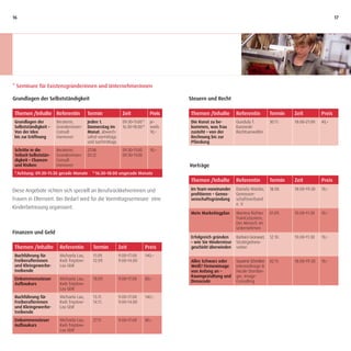 16                                                                                                                                                                     17




* Seminare für Existenzgründerinnen und Unternehmerinnen

Grundlagen der Selbstständigkeit                                                            Steuern und Recht

 Themen /Inhalte Referentin               Termin               Zeit                 Preis   Themen /Inhalte         Referentin          Termin   Zeit          Preis
 Grundlagen der         Beraterin,        Jeden 1.             09:30–11:00   1)
                                                                                    je-     Die Kunst zu be-        Gundula T.          30.11.   18:00–21:00   40,–
 Selbstständigkeit –    Gründerinnen-     Donnerstag im        16:30–18:00 2)       weils   kommen, was frau        Kurowski
 Von der Idee           Consult           Monat, abwech-                            10,–    zusteht – von der       Rechtsanwältin
 bis zur Eröffnung      Hannover          selnd vormittags                                  Rechnung bis zur
                                          und nachmittags                                   Pfändung
 Schritte in die        Beraterin,        27.08.               09:30–11:00          10,–
 Teilzeit-Selbststän-   Gründerinnen-     03.12.               09:30–11:00
 digkeit – Chancen      Consult
 und Risiken            Hannover                                                            Vorträge
 1)
      Achtung: 09:30–11:30 gerade Monate     2)
                                                  16:30–18:00 ungerade Monate
                                                                                            Themen /Inhalte         Referentin          Termin   Zeit          Preis
Diese Angebote richten sich speziell an Berufsrückkehrerinnen und                           Im Team voneinander     Daniela Watzke,     18.08.   18:00–19:30   10,–
                                                                                            profitieren – Genos-    Genossen-
Frauen in Elternzeit. Bei Bedarf wird für die Vormittagsseminare eine                       senschaftsgründung      schaftsverband
                                                                                                                    e. V.
Kinderbetreuung organisiert.
                                                                                            Mein Marketingplan      Martina Richter     01.09.   10:00–11:30   10,–
                                                                                                                    TrainCoSystem,
                                                                                                                    Der Mensch im
                                                                                                                    Unternehmen
Finanzen und Geld
                                                                                            Erfolgreich gründen     Barbara Gronauer,   12.10.   10:00–11:30   10,–
                                                                                            – wie Sie Hindernisse   StrategieInno-
 Themen /Inhalte          Referentin         Termin          Zeit                 Preis     geschickt überwinden    vation
 Buchführung für          Michaela Lau,      11.09.          9:00–17:00           140,–
 Freiberuflerinnen        Kwb Treptow-       12.09.          9:00–14:00                     Alles Schwarz oder      Susanne Schreiber   02.11.   18:00–19:30   10,–
 und Kleingewerbe-        Lau GbR                                                           Weiß? Firmenimage       Interiordesign &
 treibende                                                                                  von Anfang an –         Nicole Dornber-
                                                                                            Raumgestaltung und      ger, Image-
 Einkommenssteuer         Michaela Lau,      18.09.          9:00–17:00           80,–
                                                                                            Dresscode               Consulting
 Aufbaukurs               Kwb Treptow-
                          Lau GbR
 Buchführung für          Michaela Lau,      13.11.          9:00–17:00           140,–
 Freiberuflerinnen        Kwb Treptow-       14.11.          9:00–14:00
 und Kleingewerbe-        Lau GbR
 treibende
 Einkommensteuer          Michaela Lau,      27.11.          9:00–17:00           80,–
 Aufbaukurs               Kwb Treptow-
                          Lau GbR
 