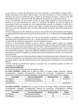 18
ou por terceiro, na Central de Atendimento do Cespe, localizada na Universidade de Brasília (UnB) –
Campus Universitário Darcy Ribeiro, Sede do Cespe – Asa Norte, Brasília/DF, ou enviar via SEDEX ou carta
registrada com aviso de recebimento, para a Central de Atendimento do Cespe – Concurso FUB 2015
(atendimento especial) – Caixa Postal 4488, CEP 70904-970, Brasília/DF, até a data prevista acima.
7.4.9.5 O fornecimento da cópia simples do CPF, do laudo médico (original ou cópia autenticada em
cartório) ou da cópia autenticada em cartório do Certificado de Registro de Arma de Fogo ou da
Autorização de Porte, por qualquer via, é de responsabilidade exclusiva do candidato. O Cespe não se
responsabiliza por qualquer tipo de extravio que impeça a chegada dessa documentação a seu destino,
assim como não serão devolvidos e(ou) fornecidas cópias desses documentos que valerão somente para
este concurso.
7.4.9.6 A relação provisória dos candidatos que tiveram o seu atendimento especial deferido será divulgada
no endereço eletrônico http://www.cespe.unb.br/concursos/fub_15_1, na data provável de 13 de julho de
2015.
7.4.9.6.1 O candidato poderá verificar, por meio de link específico disponível no endereço eletrônico
http://www.cespe.unb.br/concursos/fub_15_1, qual(is) pendência(s) resultou(aram) no indeferimento de
sua solicitação de atendimento especial para o dia de realização das provas.
7.4.9.6.1.1 A documentação pendente a que se refere o subitem anterior poderá ser entregue,
pessoalmente ou por terceiro, na Central de Atendimento do Cespe, localizada na Universidade de Brasília
(UnB) – Campus Universitário Darcy Ribeiro, Sede do Cespe – Asa Norte, Brasília/DF, ou enviada via SEDEX
ou via carta registrada com aviso de recebimento, para a Central de Atendimento do Cespe – Concurso FUB
2015 (atendimento especial) – Caixa Postal 4488, CEP 70904-970, Brasília/DF, em data e horários a serem
informados na ocasião da divulgação da relação provisória dos candidatos que tiveram o seu atendimento
especial deferido.
7.4.9.7 O candidato que não solicitar atendimento especial no aplicativo de inscrição e não especificar quais
recursos são necessários a tal atendimento não terá direito ao referido atendimento no dia de realização
das provas. Apenas o envio do laudo/documentos não é suficiente para o candidato ter o seu atendimento
deferido.
7.4.9.8 A solicitação de atendimento especial, em qualquer caso, será atendida segundo os critérios de
viabilidade e de razoabilidade.
8 DAS FASES DO CONCURSO
8.1 As fases do concurso estão descritas nos quadros a seguir.
8.1.1 NÍVEL SUPERIOR – exceto para os cargos de Diretor de Imagem, Médico Veterinário, Regente,
Tecnólogo/Área: Fotografia, Tecnólogo/Área: Material de Construção, Tecnólogo/área: Produção
Audiovisual, Tecnólogo/Área: Produção Multimídia e Tecnólogo/Área: Sistemas de Telecomunicações
Prova/tipo Área de conhecimento Número de itens Caráter
(P1) Objetiva Conhecimentos Básicos 50 Eliminatório
(P2) Objetiva Conhecimentos Específicos 70 e
(P3) Discursiva – – classificatório
8.1.2 NÍVEL SUPERIOR – somente para os cargos de Diretor de Imagem, Médico Veterinário, Regente,
Tecnólogo/Área: Fotografia, Tecnólogo/Área: Material de Construção, Tecnólogo/área: Produção
Audiovisual, Tecnólogo/Área: Produção Multimídia e Tecnólogo/Área: Sistemas de Telecomunicações
Prova/tipo Área de conhecimento Número de itens Caráter
(P1) Objetiva Conhecimentos Básicos 50 Eliminatório
e(P2) Objetiva Conhecimentos Específicos 70
 