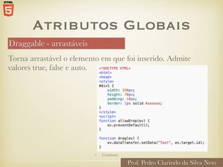 Atributos Globais
Draggable - arrastáveis
Prof. Pedro Clarindo da Silva Neto
Torna arrastável o elemento em que foi inserido. Admite
valores true, false e auto.
• Continua
 