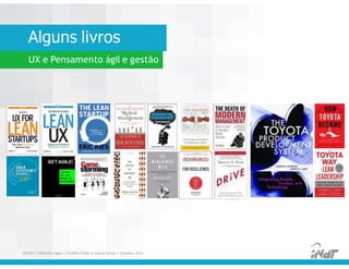 Alguns livros
UX e Pensamento ágil e gestão
FUCAPI | Métodos Ágeis | Charlles Pinon e Juliana Serejo | Outubro 2014
 