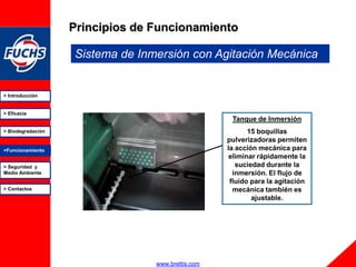 Principios de Funcionamiento

                   Sistema de Inmersión con Agitación Mecánica


> Introducción


> Eficacia
                                                    Tanque de Inmersión
> Biodegradación                                          15 boquillas
                                                   pulverizadoras permiten
>Funcionamiento                                    la acción mecánica para
                                                    eliminar rápidamente la
> Seguridad y                                         suciedad durante la
Medio Ambiente                                       inmersión. El flujo de
                                                    fluido para la agitación
> Contactos                                          mecánica también es
                                                           ajustable.




                                 www.brettis.com
 