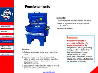 Funcionamiento


                                                                      Encendido:
                                                                      1- Sitúe el depósito en una superficie horizontal.
                                                                      2- Llene el fregadero con el Biolíquido (entre
                                                                         120 y 130 L).
> Introducción
                                                                      3- Conecte el depósito.
> Eficacia


> Biodegradación
                                                                                     Precaución:
>Funcionamiento                                                                      Nunca desconecte el
                                                                                     depósito biológico o la
                                                                                     Agitación con Aire: la
> Seguridad y
Medio Ambiente                                                                       temperatura, la oxigenación y
                   Limpieza:                                                         la regulación se detendrían y
                   1- Coloque las piezas a limpiar en el centro de la                las bacterias no podrían
> Contactos           mesa                                                           desarrollarse. En este
                   2- Lave las piezas para eliminar la suciedad.                     caso, sería necesario reiniciar
                      Utilice el cepillo para retirar posibles depósitos             el depósito añadiendo tabletas
                      adheridos o el sistema de inmersión con                        de bacterias al líquido.
                      agitación mecánica.
                   3- Seque con un ventilador u otro medio de secado
                      para evitar el riesgo de corrosión.

                                                  www.brettis.com
 