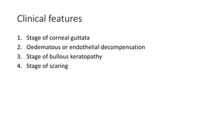 Clinical features
1. Stage of corneal guttata
2. Oedematous or endothelial decompensation
3. Stage of bullous keratopathy
4. Stage of scaring
 