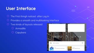 User Interface
⬡ The First thingh noticed after Log In
⬡ Provides a smooth and multitasking Interface
⬡ Two kinds of layouts released
⬡ Armadillo
⬡ Capybara
 