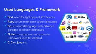 Used Languages & Framework
 Dart, used for light apps of IOT devices
 Rust, secure most open source language
 Go, structured language with advance
garbage collection techniques
 Flutter, most popular and extensive
framework used for Android
 C, C++, Java etc.
 