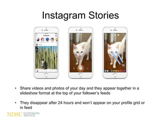 Instagram Stories
• Share videos and photos of your day and they appear together in a
slideshow format at the top of your follower’s feeds
• They disappear after 24 hours and won’t appear on your profile grid or
in feed
 