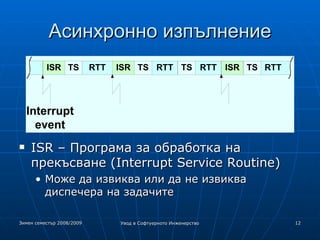 Асинхронно изпълнение ISR – Програма за обработка на прекъсване (Interrupt Service Routine)‏ Може да извиква или да не извиква диспечера на задачите 