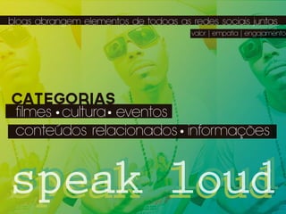 blogs abrangem elementos de todoas as redes sociais juntas
                                       valor | empatia | engajamento




categorias
filmes cultura eventos
conteúdos relacionados informações


speak loud
speak loud
 