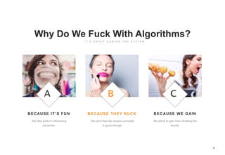 11
Why Do We Fuck With Algorithms?
BECAUSE IT’S FUN
A
BECAUSE THEY SUCK
B
BECAUSE WE GAIN
C
 