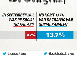 In SEPTEMBER 2013 
was de social 
traffic 4,2% 
nu komt 13.7% 
van de traffic van 
social kanalen 
4.2% 13.7% 
# fuckjefac...