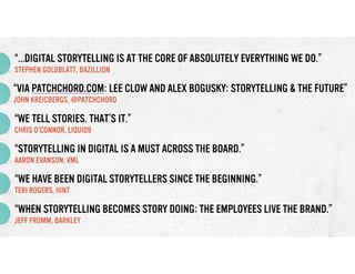 “…DIGITAL STORYTELLING IS AT THE CORE OF ABSOLUTELY EVERYTHING WE DO.” 
STEPHEN GOLDBLATT, BAZILLION

“VIA PATCHCHORD.COM: LEE CLOW AND ALEX BOGUSKY: STORYTELLING & THE FUTURE” 
JOHN KREICBERGS, @PATCHCHORD

“WE TELL STORIES. THAT’S IT.” 
CHRIS O’CONNOR, LIQUID9

“STORYTELLING IN DIGITAL IS A MUST ACROSS THE BOARD.” 
AARON EVANSON, VML

“WE HAVE BEEN DIGITAL STORYTELLERS SINCE THE BEGINNING.” 
TERI ROGERS, HINT

“WHEN STORYTELLING BECOMES STORY DOING: THE EMPLOYEES LIVE THE BRAND.” 
JEFF FROMM, BARKLEY

 
