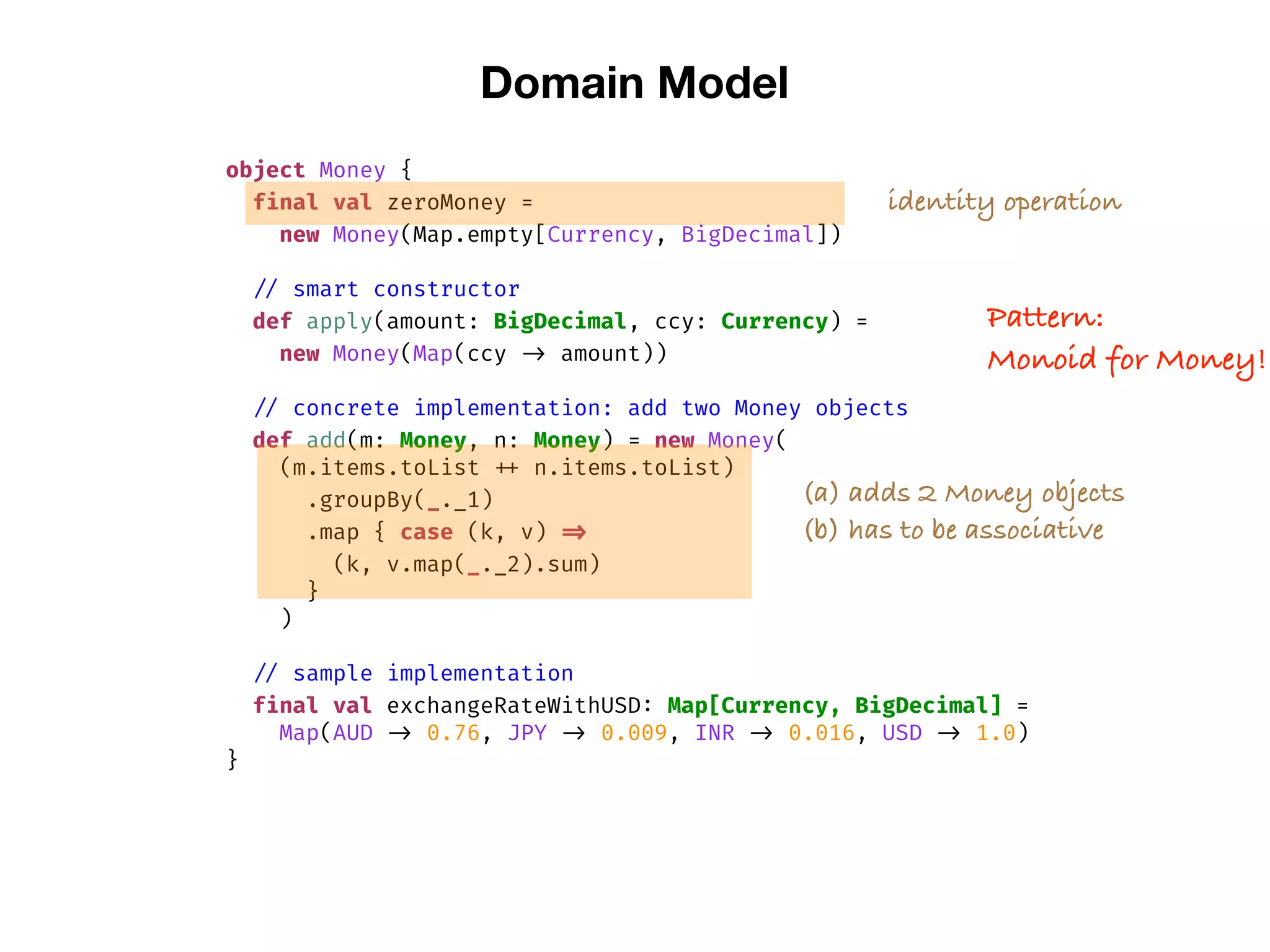 Domain Model
object Money {
final val zeroMoney =
new Money(Map.empty[Currency, BigDecimal])
// smart constructor
def apply(amount: BigDecimal, ccy: Currency) =
new Money(Map(ccy -> amount))
// concrete implementation: add two Money objects
def add(m: Money, n: Money) = new Money(
(m.items.toList ++ n.items.toList)
.groupBy(_._1)
.map { case (k, v) =>
(k, v.map(_._2).sum)
}
)
// sample implementation
final val exchangeRateWithUSD: Map[Currency, BigDecimal] =
Map(AUD -> 0.76, JPY -> 0.009, INR -> 0.016, USD -> 1.0)
}
(a) adds 2 Money objects
(b) has to be associative
identity operation
Pattern:
Monoid for Money!
 