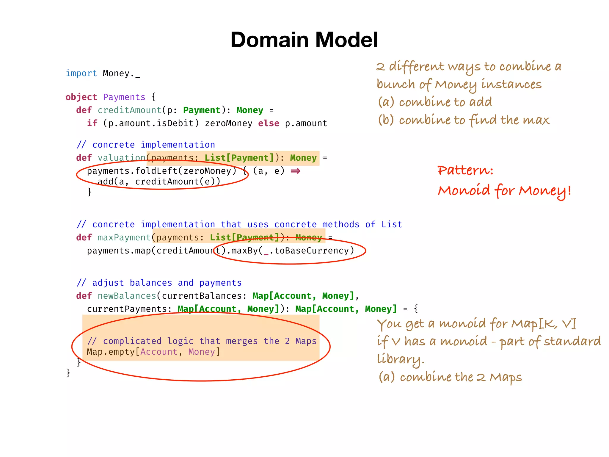 Domain Model
import Money._
object Payments {
def creditAmount(p: Payment): Money =
if (p.amount.isDebit) zeroMoney else p.amount
// concrete implementation
def valuation(payments: List[Payment]): Money =
payments.foldLeft(zeroMoney) { (a, e) =>
add(a, creditAmount(e))
}
// concrete implementation that uses concrete methods of List
def maxPayment(payments: List[Payment]): Money =
payments.map(creditAmount).maxBy(_.toBaseCurrency)
// adjust balances and payments
def newBalances(currentBalances: Map[Account, Money],
currentPayments: Map[Account, Money]): Map[Account, Money] = {
// complicated logic that merges the 2 Maps
Map.empty[Account, Money]
}
}
2 different ways to combine a
bunch of Money instances
(a) combine to add
(b) combine to find the max
You get a monoid for Map[K, V]
if V has a monoid - part of standard
library.
(a) combine the 2 Maps
Pattern:
Monoid for Money!
 