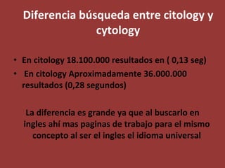 Diferencia búsqueda entre citology y cytology En citology 18.100.000 resultados en ( 0,13 seg) En citology Aproximadamente 36.000.000 resultados (0,28 segundos)  La diferencia es grande ya que al buscarlo en ingles ahí mas paginas de trabajo para el mismo concepto al ser el ingles el idioma universal 