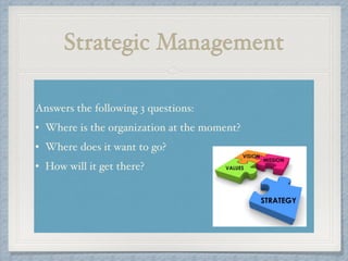 Strategic Management
Answers the following 3 questions: !
• Where is the organization at the moment? !
• Where does it want to go? !
• How will it get there?!
!
 
