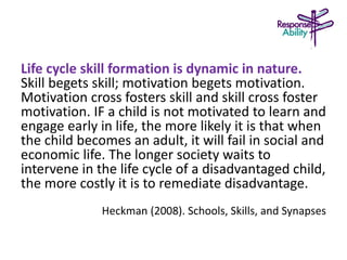 Life cycle skill formation is dynamic in nature.
Skill begets skill; motivation begets motivation.
Motivation cross fosters skill and skill cross foster
motivation. IF a child is not motivated to learn and
engage early in life, the more likely it is that when
the child becomes an adult, it will fail in social and
economic life. The longer society waits to
intervene in the life cycle of a disadvantaged child,
the more costly it is to remediate disadvantage.
Heckman (2008). Schools, Skills, and Synapses
 