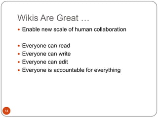 What Wiki Is Really AboutQuick and Easy – no need of extra softwareCollaborative Community AuthoringInterlinked ContentVersion ControlNotification 10