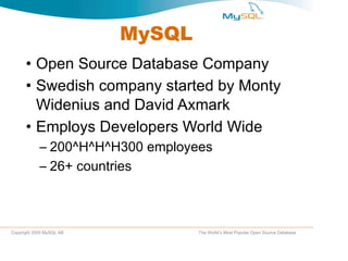 MySQL Open Source Database Company Swedish company started by Monty Widenius and David Axmark Employs Developers World Wide 200^H^H^H300 employees 26+ countries 