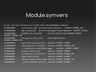 Module.symvers
$ cat /usr/src/kernels/4.0.4-303.fc22.x86_64/Module.symvers
0x00000000 iscsi_host_add drivers/scsi/libiscsi...