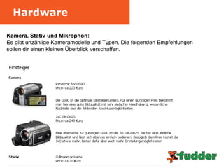 Hardware Kamera, Stativ und Mikrophon: Es gibt unzählige Kameramodelle und Typen. Die folgenden Empfehlungen  sollen dir einen kleinen Überblick verschaffen.  
