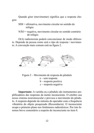 Quando girar (movimentar) significa que a resposta che-
gou:
SIM = afirmativa, movimento circular no sentido do
relógio.
NÃO = negativa, movimento circular no sentido contrário
do relógio.
O(A) radiestesista poderá convencionar de modo diferen-
te. Depende da pessoa como será o tipo de resposta / movimen-
to. A convenção mais comum está na figura 2.
Figura 2 – Movimento de resposta do pêndulo
a – sem resposta
b – resposta positiva
c – resposta negativa
Importante: A varinha ou o pêndulo são instrumentos am-
plificadores das respostas da mente inconsciente. O cérebro usa
nosso sistema neuromuscular e provoca o movimento do pêndu-
lo. A resposta depende da sintonia do operador com a frequência
vibratória do objeto pesquisado (Ressonância). O inconsciente
ocupa o primeiro plano nos fenômenos radiestésicos. Por isto fa-
remos breve comentário a respeito do inconsciente no item 8.
12
 