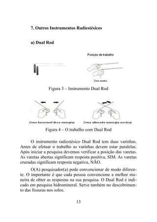 7. Outros Instrumentos Radiestésicos
a) Dual Rod
Figura 3 – Instrumento Dual Rod
Figura 4 – O trabalho com Dual Rod
O instrumento radiestésico Dual Rod tem duas varinhas.
Antes de efetuar o trabalho as varinhas devem estar paralelas.
Após iniciar a pesquisa devemos verificar a posição das varetas.
As varetas abertas significam resposta positiva, SIM. As varetas
cruzadas significam resposta negativa, NÃO.
O(A) pesquisador(a) pode convencionar de modo diferen-
te. O importante é que cada pessoa convencione a melhor ma-
neira de obter as respostas na sua pesquisa. O Dual Rod é indi-
cado em pesquisa hidromineral. Serve também no descobrimen-
to das fissuras nos solos.
13
 