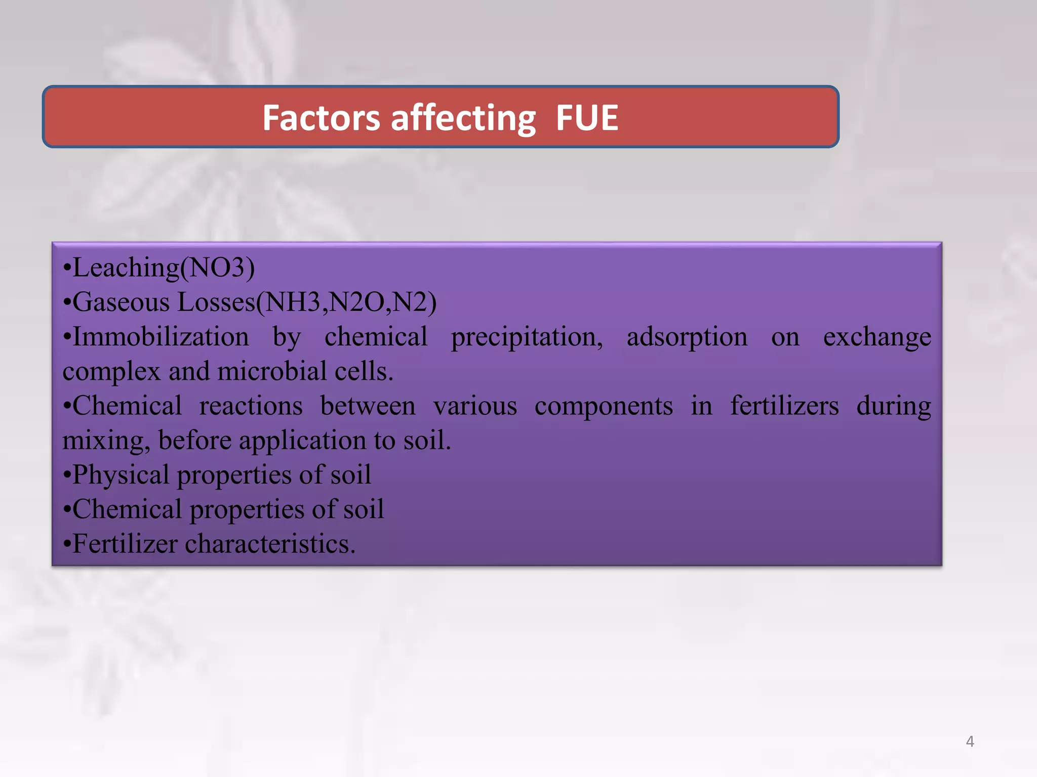 •Leaching(NO3)
•Gaseous Losses(NH3,N2O,N2)
•Immobilization by chemical precipitation, adsorption on exchange
complex and microbial cells.
•Chemical reactions between various components in fertilizers during
mixing, before application to soil.
•Physical properties of soil
•Chemical properties of soil
•Fertilizer characteristics.
Factors affecting FUE
4
 