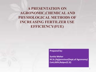 A PRESENTATION ON
AGRONOMIC,CHEMICAL AND
PHYSIOLOGICAL METHODS OF
INCREASING FERTILZER USE
EFFICIENCY(FUE)
1
Prepared by:
Sunita Meher
M.Sc.(Ag)previous(Dept.of Agronomy)
CoA,IGKV,Raipur(C.G)
 