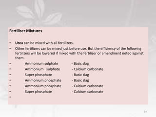 Fertiliser Mixtures
• Urea can be mixed with all fertilizers.
• Other fertilizers can be mixed just before use. But the efficiency of the following
fertilizers will be lowered if mixed with the fertilizer or amendment noted against
them.
• Ammonium sulphate - Basic slag
• Ammonium sulphate - Calcium carbonate
• Super phosphate - Basic slag
• Ammonium phosphate - Basic slag
• Ammonium phosphate - Calcium carbonate
• Super phosphate - Calcium carbonate
•
14
 