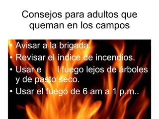Consejos para adultos que queman en los campos Avisar a la brigada. Revisar el índice de incendios. Usar e l fuego lejos de árboles y de pasto seco. Usar el fuego de 6 am a 1 p.m.. 