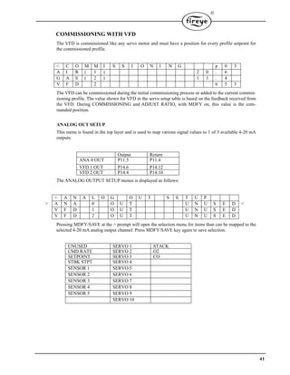 41

COMMISSIONING WITH VFD
The VFD is commissioned like any servo motor and must have a position for every profile setpoint for
the commissioned profile.
The VFD can be commissioned during the initial commissioning process or added to the current commis-
sioning profile. The value shown for VFD in the servo setup table is based on the feedback received from
the VFD. During COMMISSIONING and ADJUST RATIO, with MDFY on, this value is the com-
manded position.
ANALOG OUT SETUP
This menu is found in the top layer and is used to map various signal values to 1 of 3 available 4-20 mA
outputs:
The ANALOG OUTPUT SETUP menus is displayed as follows:
Pressing MDFY/SAVE at the > prompt will open the selection menu for items than can be mapped to the
selected 4-20 mA analog output channel. Press MDFY/SAVE key again to save selection.
< C O M M I S S I O N I N G p 0 3
A I R ( 1 ) 2 0 . 6
G A S ( 2 ) 1 3 . 4
V F D 2 6 5 3
Output Return
ANA 0 OUT P11.5 P11.4
VFD 1 OUT P14.6 P14.12
VFD 2 OUT P14.4 P14.10
< A N A L O G O U T S E T U P
> A N A 0 O U T U N U S E D <
V F D 1 O U T U N U S E D
V F D 2 O U T U N U S E D
UNUSED SERVO 1 STACK
CMD RATE SERVO 2 O2
SETPOINT SERVO 3 CO
STBK STPT SERVO 4
SENSOR 1 SERVO 5
SENSOR 2 SERVO 6
SENSOR 3 SERVO 7
SENSOR 4 SERVO 8
SENSOR 5 SERVO 9
SERVO 10
 