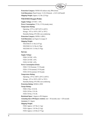 6

Protection Category: NEMA 4X indoors only, IP66 (front)
Unit Dimensions: Panel Cutout: 13.22 (336mm)L x 10.51 (267mm)H
Shipping Weight: Approx. 6.2 lbs. (2.8 kg)
NXCESO2 Oxygen Probe:
Supply Voltage: 24 VDC ± 10%
Power Consumption: 27 VA, 13 VA (steady state)
Temperature Rating:
Operating: 32°F to 140°F (0°C to 60°C)
Storage: -4°F to 158°F (-20°C to 70°C)
Humidity Rating: 85% RH, non-condensing
Protection Category: NEMA 1 (IP01)
Unit Dimension: see Figure 6 on page 23
Shipping Weight:
NXCES02-8: 8.1 lbs (3.67 kg)
NXCES02-16: 9.2 lbs (4.17kg)
NXCES02-30: 11.4 lbs (5.17kg)
Servos:
Supply Voltage:
FX04: 24 VDC ±10%
FX20: 24 VDC ±10%
FX50: 24 VDC ±10%
Power Consumption (Peak):
FX04: 5 VA Nominal, 7.5 VA peak
FX20: 15 VA nominal, 35 VA peak
FX50: 20 VA nominal, 38 VA peak
Temperature Rating:
Operating: -4°F to 140°F (-20°C to 60°C)
Storage: -4°F to 158°F (-20°C to 70°C)
Humidity Rating: 85% RH, non-condensing
Protection Rating: NEMA 4, IP65
Torque Rating:
FX04: 4 Nm, 3.0 ft./lb.
FX20: 20 Nm, 15 ft./lb.
FX50: 50 Nm, 37 ft./lb.
Rotational Span: 1 degree to 99.9 degrees
Actuating time of 90 degree rotation: min = 30 seconds, max = 120 seconds
Accuracy: 0.1 degree
Shipping Weight:
FX04: Approx. 2.27 lbs (1.1 kg)
FX20: Approx. 5.43 lbs (2.5 kg)
FX50: Approx. 6.10 lbs (2.77 kg)
 