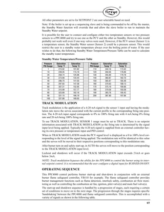 65

All other parameters are set to for SETPOINT 2 are user selectable based on need.
Note: If the boiler is set up as a sequencing slave and is being commanded to be off by the master,
the Standby Water function will override that and allow the slave boiler to run to maintain the
Standby Water setpoint.
It is possible for the user to connect and configure either two temperature sensors or two pressure
sensors to a PPC4000 and try to use one as the PCV and the other as Standby. However, this would
probably not work well even if one-way valves were used. However, if the PCV sensor (Sensor 1) is
a temperature sensor, the Standby Water sensor (Sensor 2) could be a pressure sensor. This would
restrict the user to a standby water temperature always over the boiling point of water. If the user
wishes to do that, the following Standby Water Temperature/Pressure Table can be used to calculate
the standby water temperature.
Standby Water Temperature/Pressure Table
TRACK MODULATION
Track modulation is the application of a 4-20 mA signal to the sensor 1 input and having the modu-
lation rate move the servos associated with the current profile to the corresponding firing rate posi-
tion. The 4-20 mA input signal corresponds to 0% to 100% firing rate with 4 mA being 0% firing
rate and 20 mA being 100% firing rate.
To use TRACK MODULATION, SENSOR 1 usage must be set to TRACK. There is no setpoint
information associated with TRACK MODULATION as the firing rate is determined by the signal
input level being applied. Typically the 4-20 mA signal is supplied from an external controller hav-
ing its own pressure or temperature input and PID control.
When in TRACK MODULATION mode the PCV signal level is displayed as a 0 to 100% level cor-
responding to the level of the signal being applied. The modulation rate will be identical to this value
and the servos will be moved to their respective positions corresponding to this modulation rate.
After burner turn on and safety start-up, in AUTO the servos will move to the position corresponding
to the TRACK MODULATION input level.
Lockout and shutdown will occur if the TRACK MODULATION input exceeds 21mA or goes
below 3mA.
NOTE: Track modulation bypasses the ability for the PPC4000 to control the burner using its inter-
nal setpoint control. It is recommended that the user configure a digital input for BURNER ON/OFF.
OPERATING SEQUENCE
This PPC4000 control performs burner start-up and shut-down in conjunction with an external
burner flame safeguard controller, YB110 for example. The flame safeguard controller provides
burner management functions such as flame detection, interlock safety, combustion air flow moni-
toring as well as controlling the combustion air fan, ignition, pilot valve(s) and main fuel valve(s).
The start-up and shutdown sequence is handled by a progression of stages, each requiring a certain
set of conditions to move on to the next stage. The progression through the stages requires specific
'handshaking' between the PPC4000 and flame safeguard controllers. This is accomplished with a
variety of signals as shown in the following table.
Pressure
PSI Guage
Saturation
Temp °F
Saturation
Temp °C
Pressure
PSI Guage
Saturation
Temp °F
Saturation
Temp °C
1 215.92 101.82 110 344.16 173.42
10 239.35 115.19 120 350.05 176.69
20 258.74 125.96 130 355.60 179.78
30 273.99 134.44 140 360.87 182.70
40 286.70 141.50 150 365.87 185.48
50 297.65 147.58 160 370.63 188.13
60 307.31 152.95 170 375.19 190.66
70 315.99 157.77 180 379.56 193.09
80 323.89 162.16 190 383.76 195.42
90 331.15 166.19 200 387.80 197.66
100 337.88 169.93
 