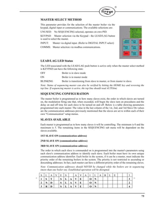 75

MASTER SELECT METHOD
This parameter provides for the selection of the master boiler via the
keypad, digital input or communications. The available selections are:
UNUSED: No SEQUENCING selected, operates on own PID.
KEYPAD: Master selection via the Keypad - the LEAD/LAG button
is used to select the master.
INPUT: Master via digital input. (Refer to DIGITAL INPUT select)
COMMS: Master selection via modbus communications.
LEAD/LAG LED Status
The LED associated with the LEAD/LAG push button is active only when the master select method
is KEYPAD can have the following state:
OFF Boiler is in slave mode
ON Boiler is in master mode
BLINKING Boiler is transitioning from slave to master, or from master to slave.
Note: Status of sequencing master can also be verified by hitting the HOME key and revewing the
top line. If sequencing master is active, the top line should read AUTO(m)
SEQUENCING CONFIGURATION
The master boiler is programmed as to how many slaves exist, the order in which slaves are turned
on, the modulation firing rate that, when exceeded, will begin the slave turn on procedures and the
delay on and off time for each slave to be turned on and off. Below is a table showing parameters
programmed into each master. The value in the last column of the 1st, 2nd, and 3rd Slave On values
are the communication addresses previously mentioned that the slaves are set to within each of their
own “Communication” setup menus.
SLAVES AVAILABLE
Each master is programmed as to how many slaves it will be controlling. The minimum is 0 and the
maximum is 5. The remaining items in the SEQUENCING sub menu will be dependent on the
slaves available.
1ST SLAVE ON (communication address)
2ND SLAVE ON (communication address)
3RD SLAVE ON (communication address)
The order in which each slave is commanded on is programmed into the master's parameters using
each slave's communication address to identify each slave. Each boiler must have its own unique
communication address identifier. Each boiler in the system, if it can be a master, must indicate the
priority order of the remaining boilers in the system. The priority is not restricted to ascending or
descending addresses. In fact, each master can have a different priority order of the remaining slaves.
Note: Communication addresses should NEVER be changed while the boilers are in sequencing
(more than one boiler on). Established operation will be disrupted.
S L A V E S A V A I L A B L E 3
> 1 S T S L A V E O N 3 <
2 N D S L A V E O N 2
3 R D S L A V E O N 4
 