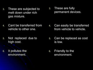 3.   These are subjected to     3.   These are fully
     melt down under rich            permanent devices.
     gas mixture.

4.   Cant be transferred from   4.   Can easily be transferred
     vehicle to other one.           from vehicle to vehicle.

5.   Not replaced due to        5.   Can be replaced as cost
     high cost.                      is low.

6.   It pollutes the            6.   Friendly to the
     environment.                    environment.
 