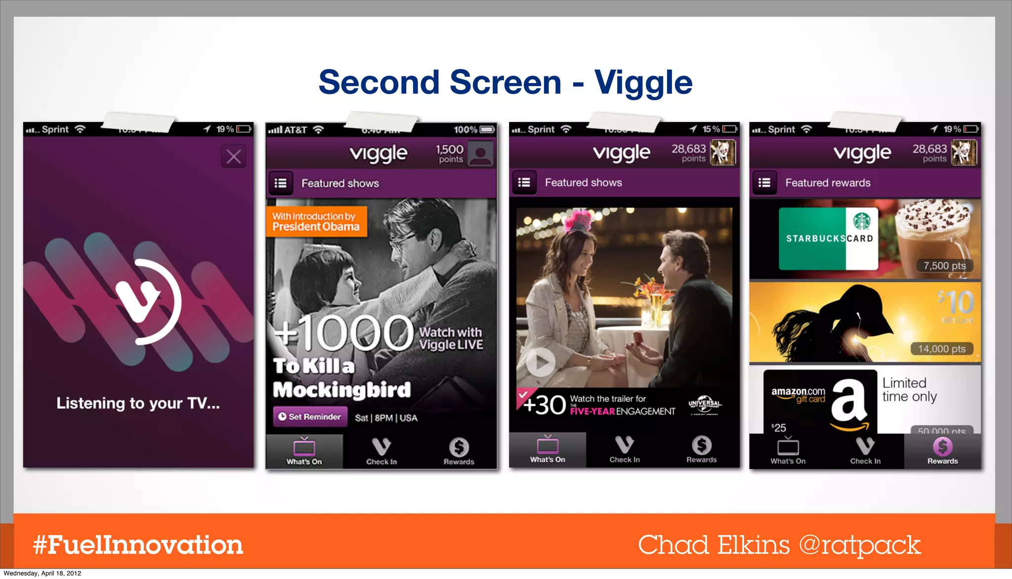Second Screen - Viggle




         #FuelInnovation                      Chad Elkins @ratpack
Wednesday, April 18, 2012
 
