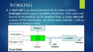 WORKING
 A fuel cell is an electrochemical device that combines
hydrogen and oxygen to produce electricity, with water and
heat as its by-product. In its simplest form, a single fuel cell
consists of two electrodes - an anode and a cathode - with an
electrolyte between them.
 