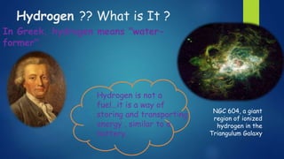 Hydrogen ?? What is It ?
In Greek, hydrogen means "water-
former".
NGC 604, a giant
region of ionized
hydrogen in the
Triangulum Galaxy
Hydrogen is not a
fuel…it is a way of
storing and transporting
energy , similar to a
battery.
 