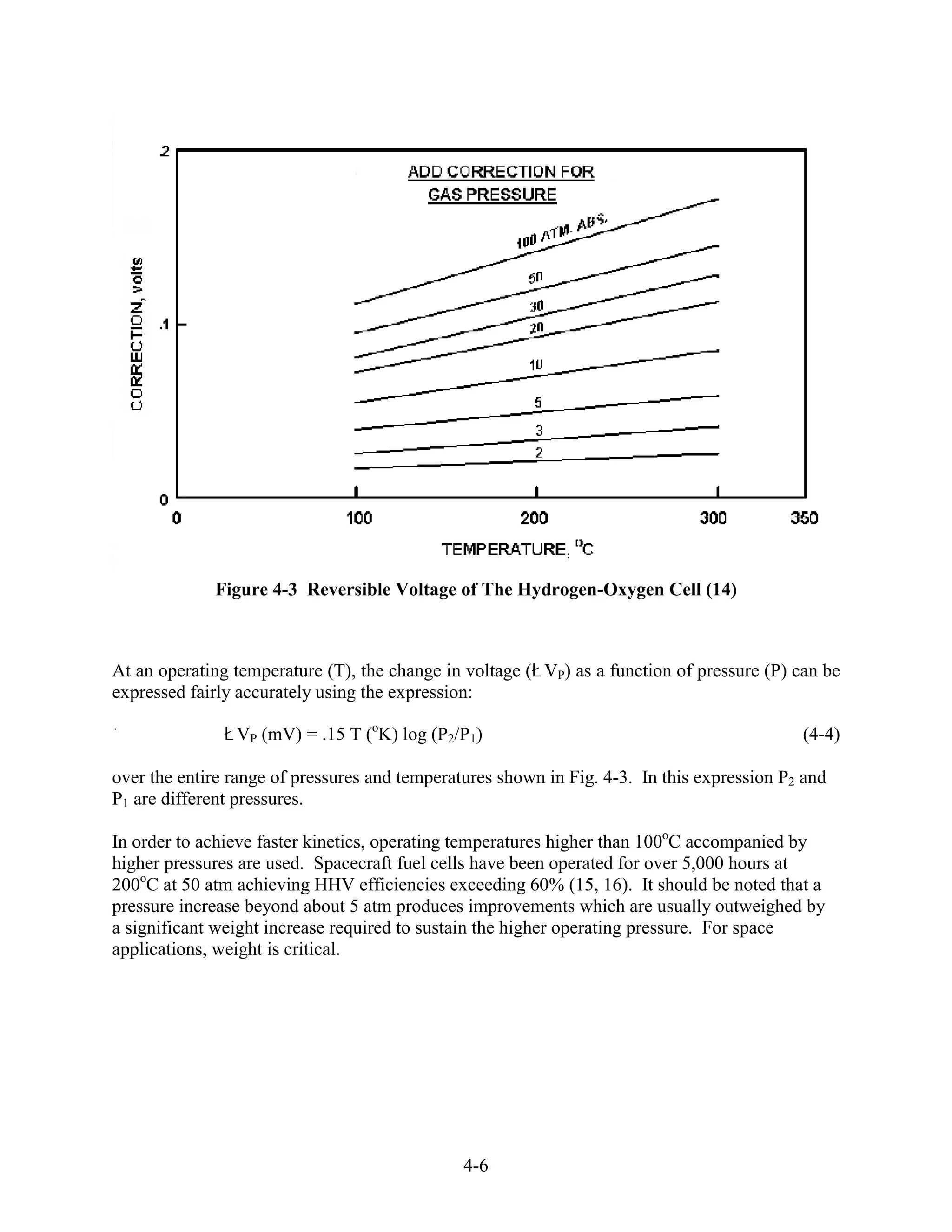 Figure 4-3 Reversible Voltage of The Hydrogen-Oxygen Cell (14)



At an operating temperature (T), the change in voltage ( VP) as a function of pressure (P) can be
expressed fairly accurately using the expression:

                VP (mV) = .15 T (oK) log (P2/P1)                                            (4-4)

over the entire range of pressures and temperatures shown in Fig. 4-3. In this expression P2 and
P1 are different pressures.

In order to achieve faster kinetics, operating temperatures higher than 100oC accompanied by
higher pressures are used. Spacecraft fuel cells have been operated for over 5,000 hours at
200oC at 50 atm achieving HHV efficiencies exceeding 60% (15, 16). It should be noted that a
pressure increase beyond about 5 atm produces improvements which are usually outweighed by
a significant weight increase required to sustain the higher operating pressure. For space
applications, weight is critical.




                                               4-6
 